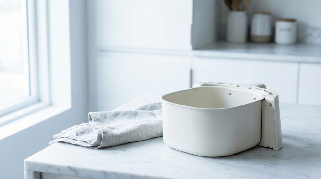 Ceramic-coated air fryer basket on a white marble kitchen counter — PFAS-free and safe for everyday cooking