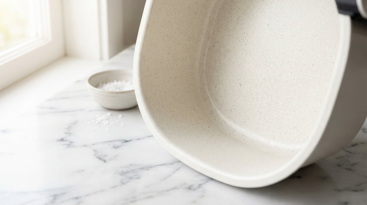 macro close-up of ceramic air fryer basket coating on white marble counter in soft morning light