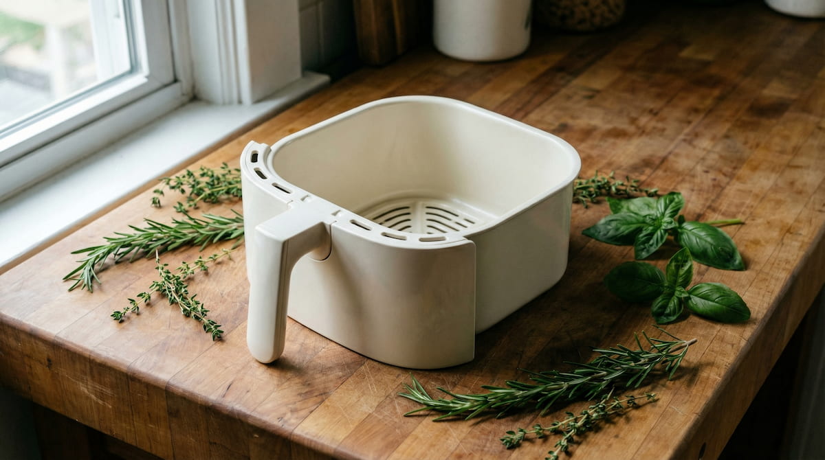 Clean ceramic-coated air fryer basket on wooden surface as a PTFE-free alternative