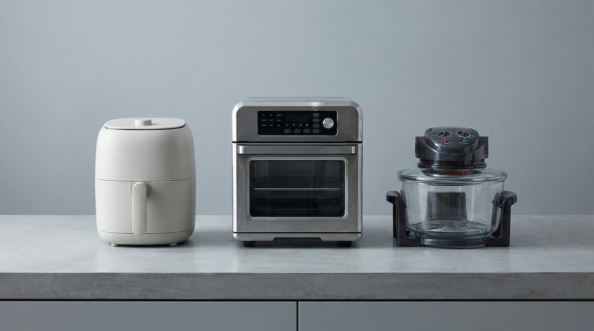 ceramic basket stainless steel and glass air fryers side by side comparison on gray concrete counter