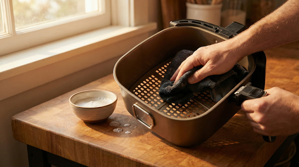 Air fryer basket being wiped clean with a damp cloth to prevent smoke buildup from old grease during cooking