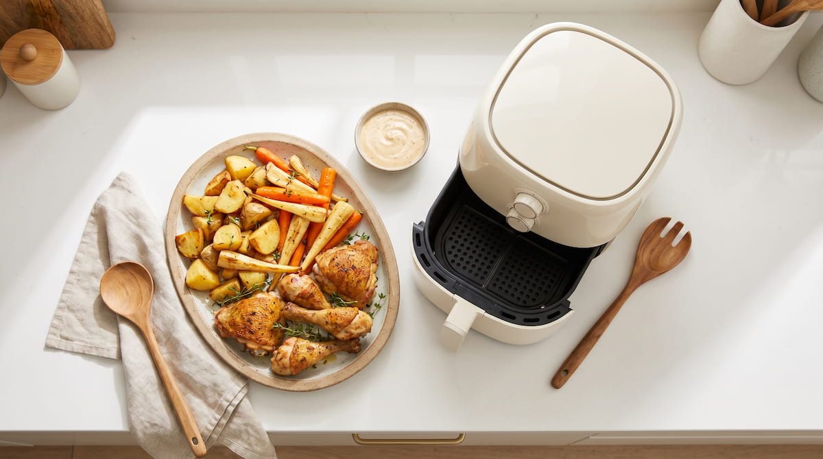 cosori turboblaze pfas free ceramic basket family cooking flatlay kitchen