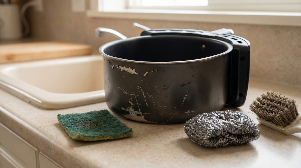 damaged air fryer basket coating from abrasive cleaning tools