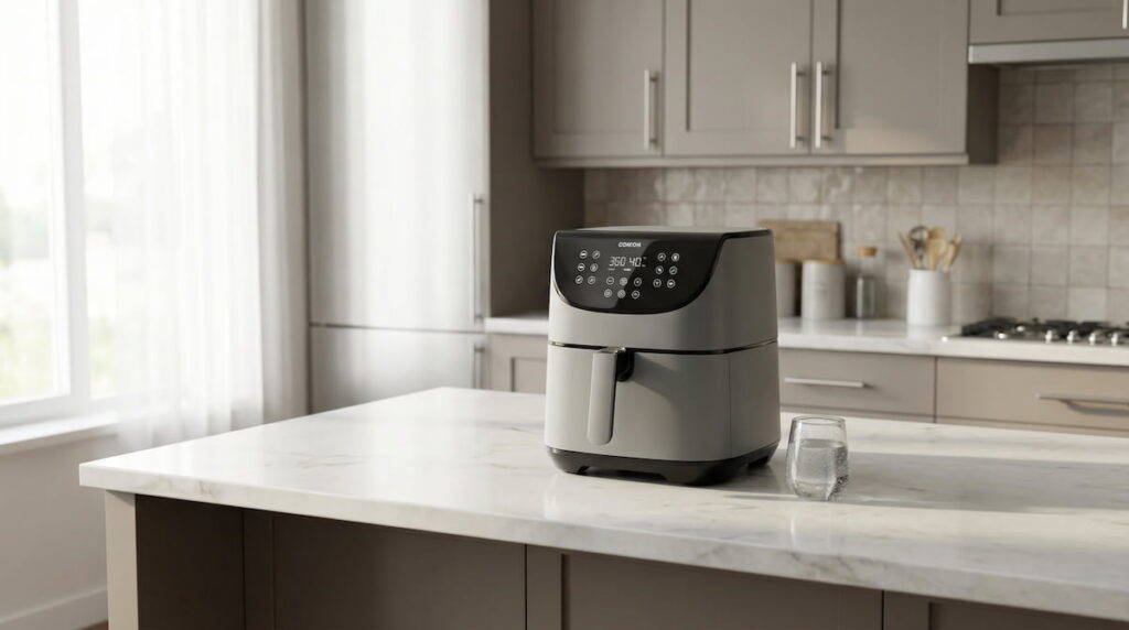 Air fryer on a clean kitchen counter, representing common questions about air fryer safety and cancer risk
