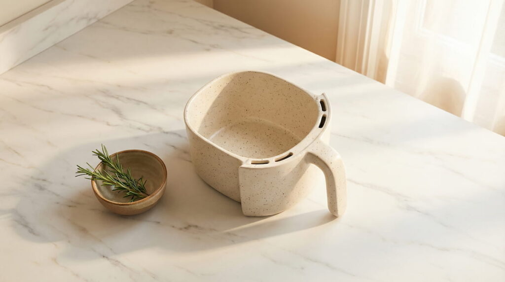 Ceramic air fryer basket on white marble counter — PFAS-free cooking surface for safer everyday use