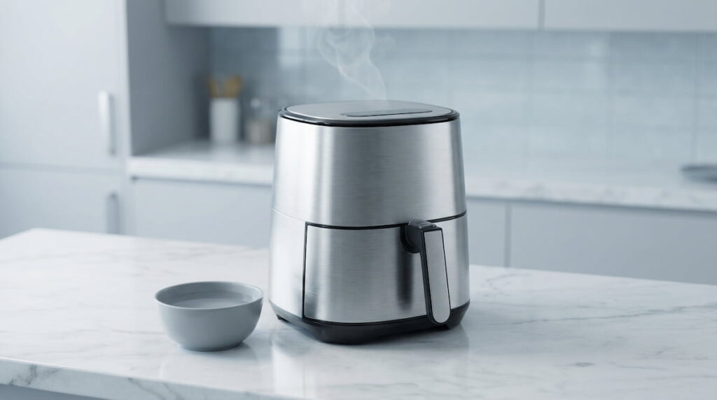 Air fryer with light steam rising from the vent on a white marble counter, representing questions about whether air fryers produce smoke during cooking