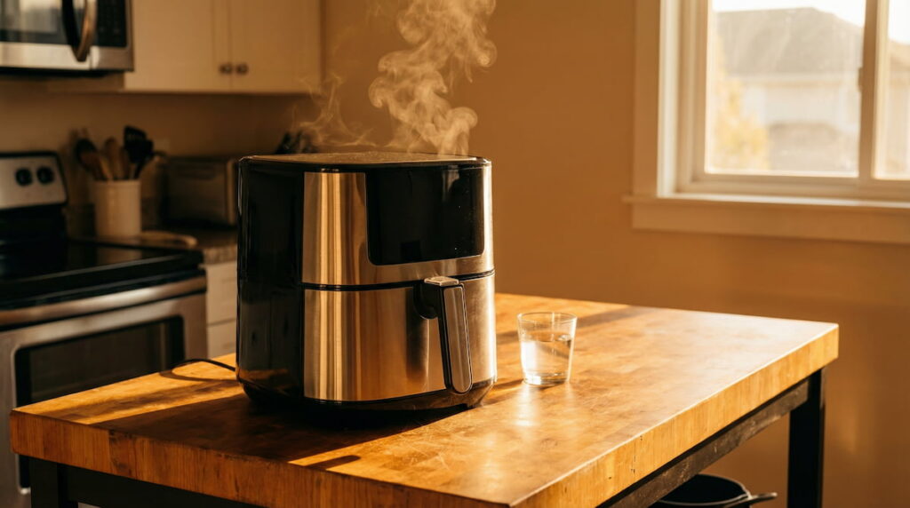 New air fryer with steam venting during first use, representing questions about chemical release when air fryers heat up