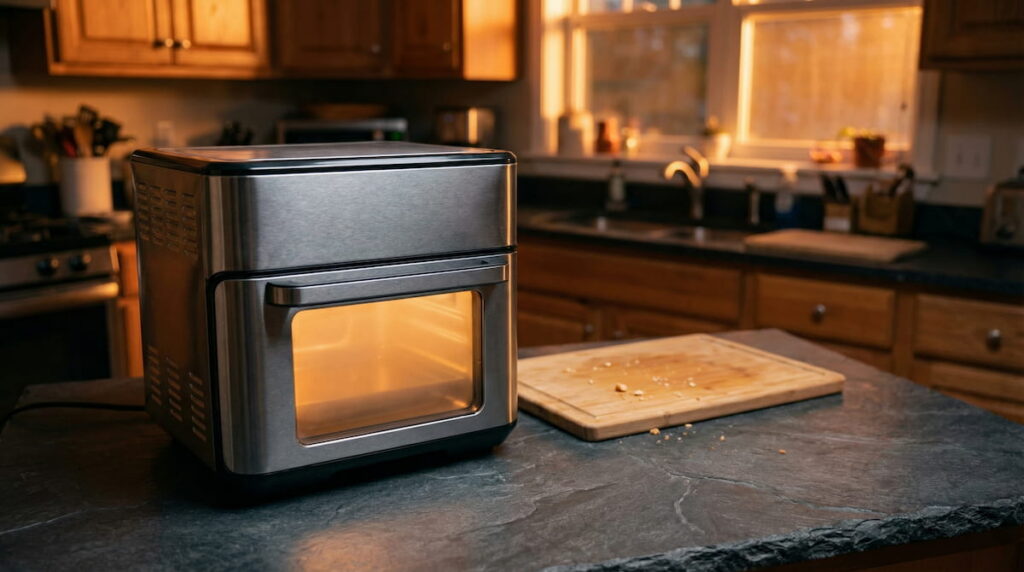 Air fryer warming up on a dark kitchen surface, illustrating whether you need to preheat an air fryer before cooking