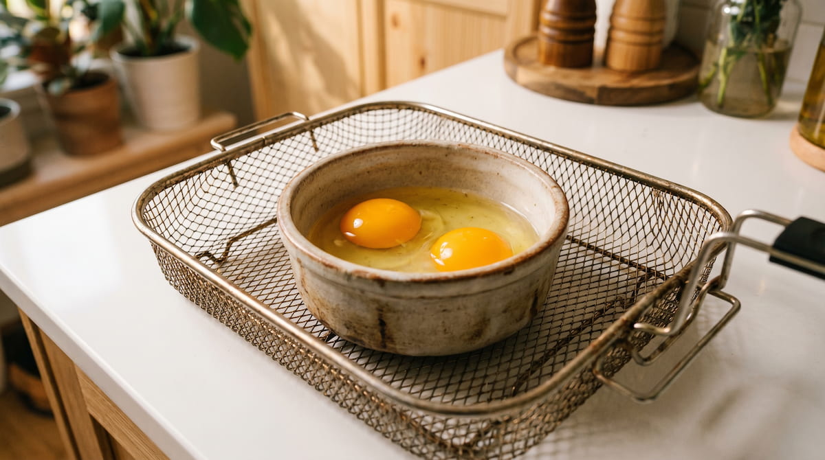 eggs in ceramic ramekin inside air fryer basket safe cooking