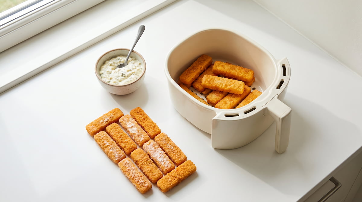 frozen fish sticks air fryer ceramic basket safe coating prep flatlay family