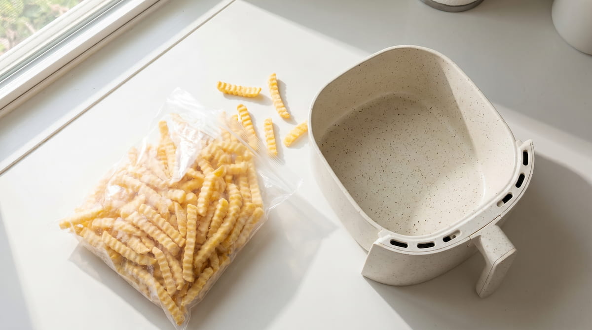 frozen french fries air fryer ceramic basket safe coating prep flatlay