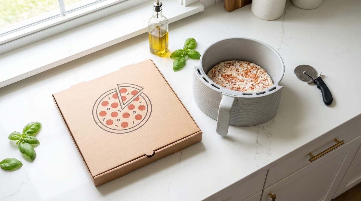 frozen pizza air fryer ceramic basket safe coating prep flatlay kitchen
