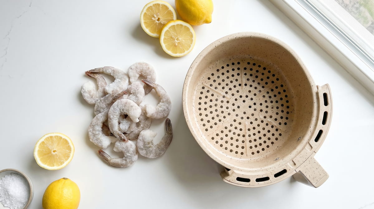 frozen shrimp air fryer ceramic basket safe coating prep flatlay
