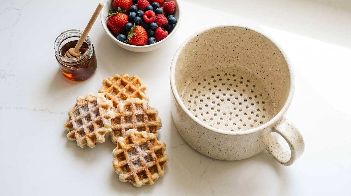 frozen waffles air fryer ceramic basket safe breakfast prep flatlay