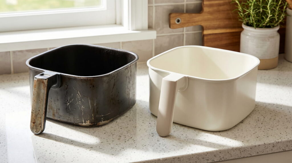 how long do air fryer baskets last old worn nonstick vs new ceramic basket