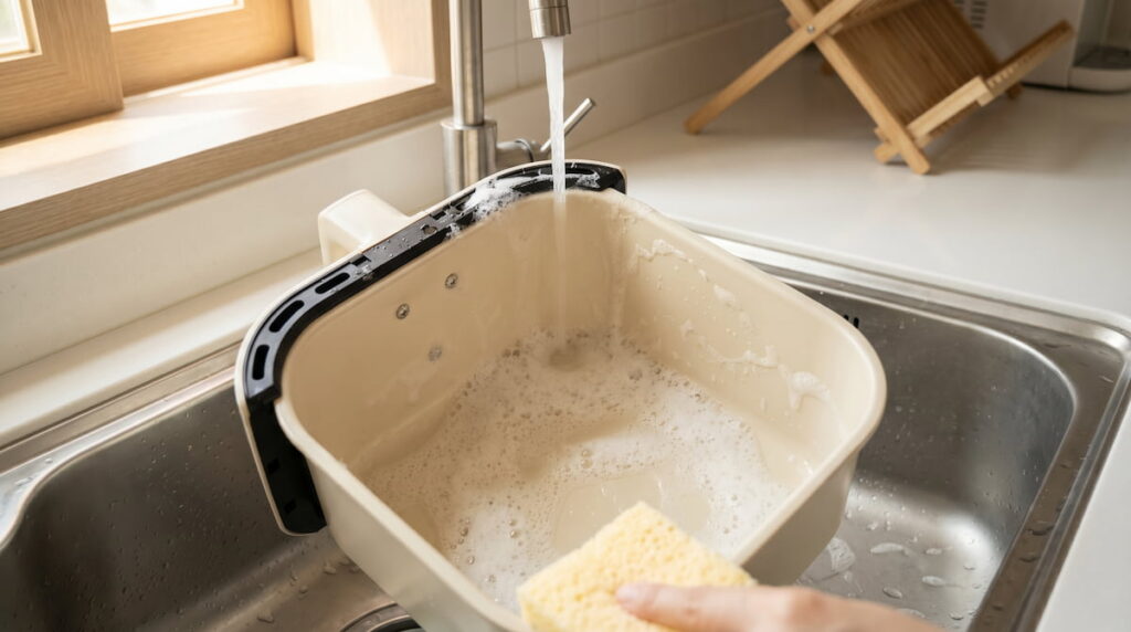 how to clean air fryer basket with soft sponge and soapy water