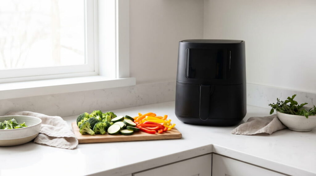 how to cook without oil in air fryer with fresh vegetables on counter
