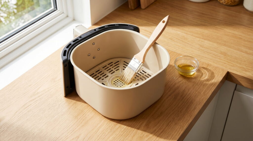 how to season ceramic air fryer basket with oil and pastry brush