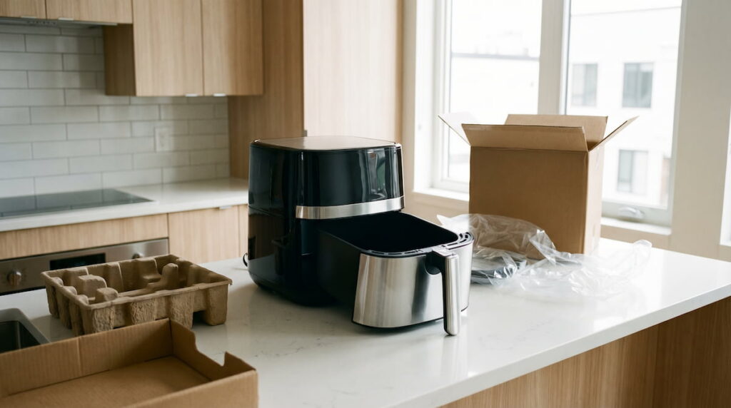 how to use air fryer first time setup unboxing on kitchen counter