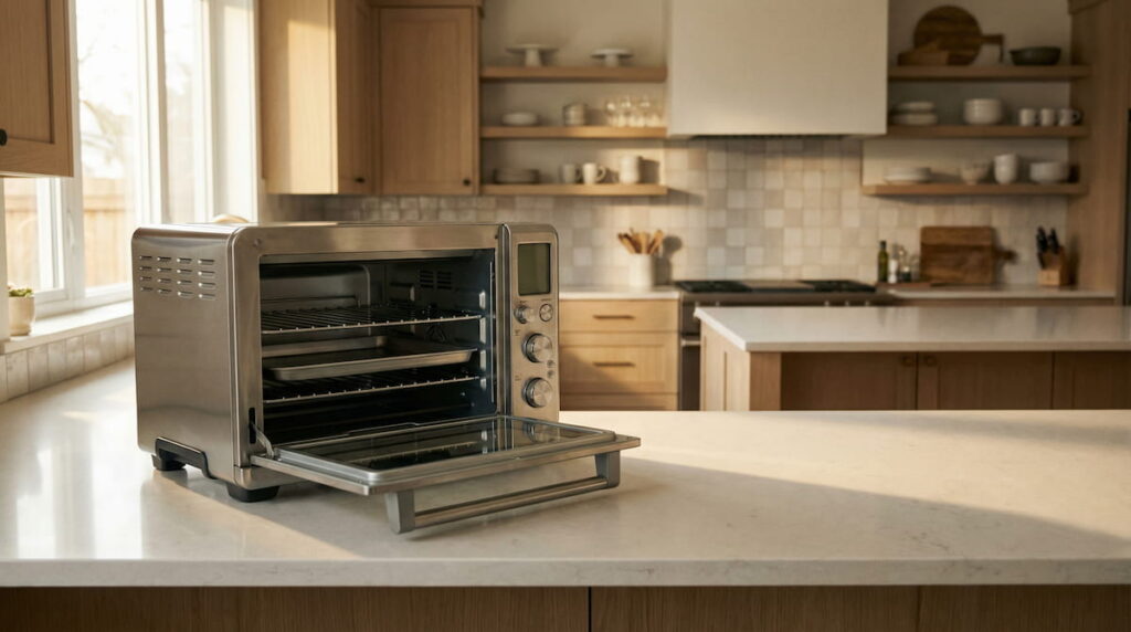 instant pot omni plus review – stainless steel air fryer oven on kitchen counter