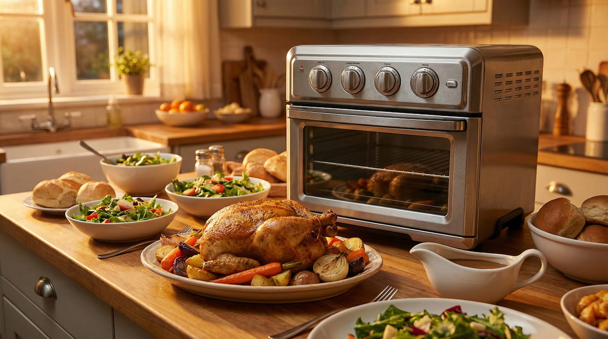 family meal cooked in large air fryer oven