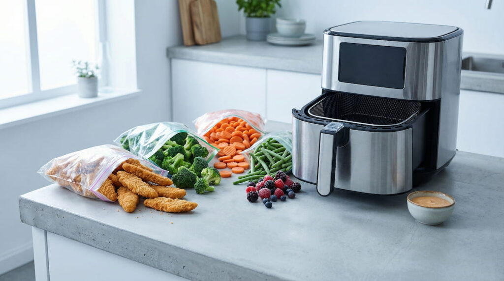 Frozen chicken strips and vegetables next to an open air fryer on a kitchen counter — is it safe to cook frozen food in an air fryer?
