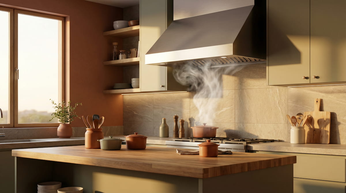 Kitchen range hood ventilation above counter — essential for reducing airborne particles during air fryer cooking
