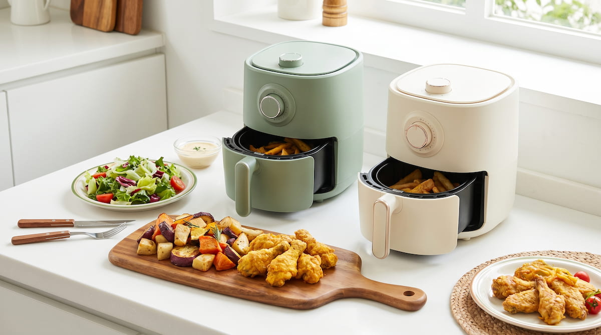 ninja af150amz vs cosori ceramic basket family meal safe cooking flatlay