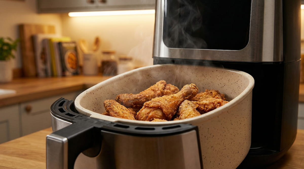 chicken cooking in Ninja air fryer ceramic basket