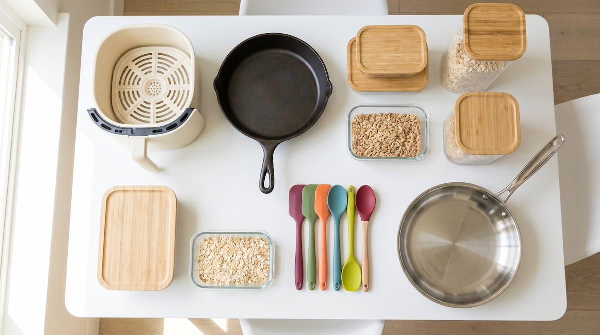 non toxic kitchen checklist families essentials ceramic cast iron glass silicone stainless flatlay