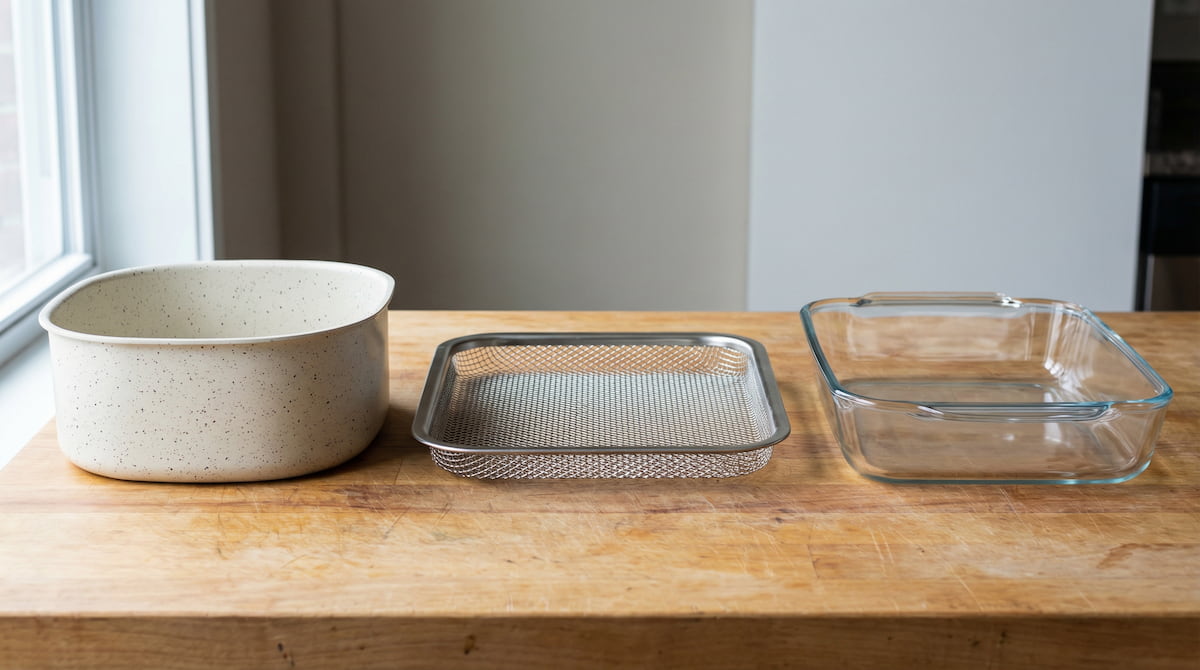 Three air fryer cooking surface materials compared — ceramic, stainless steel, and glass options for PFAS-free cooking