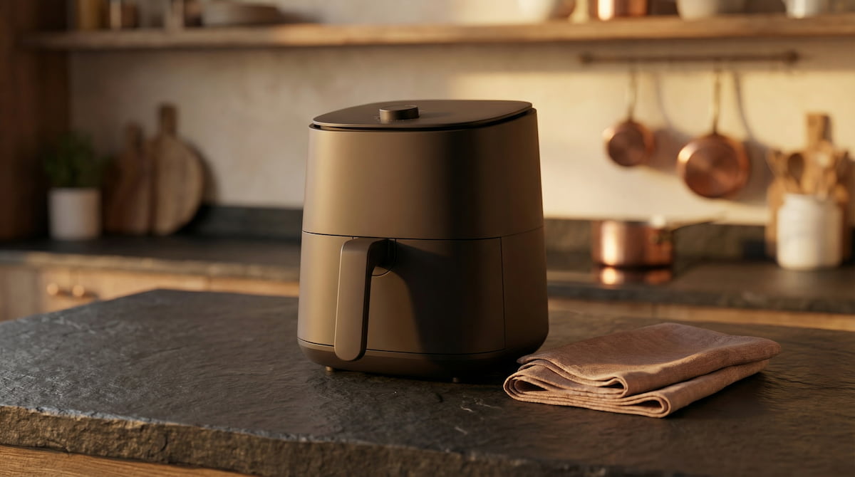 Compact ceramic basket air fryer on dark slate counter — a PFAS-free option for everyday family cooking
