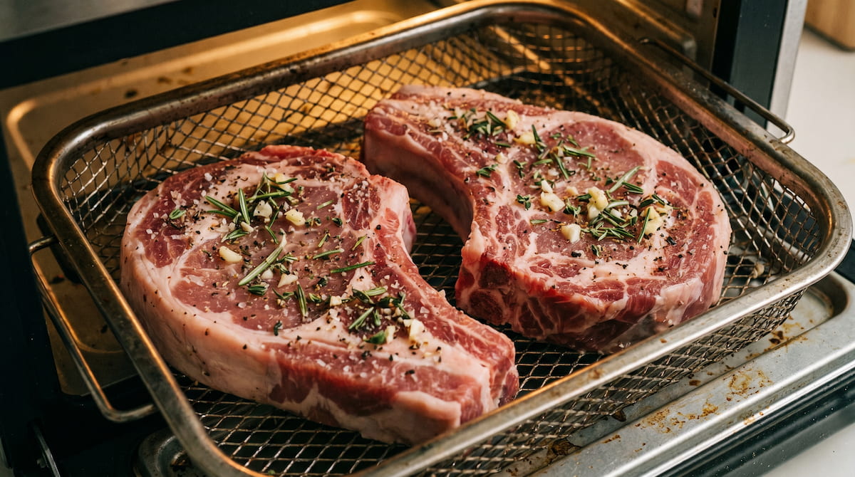 pork chops in stainless steel air fryer tray safe non toxic cooking