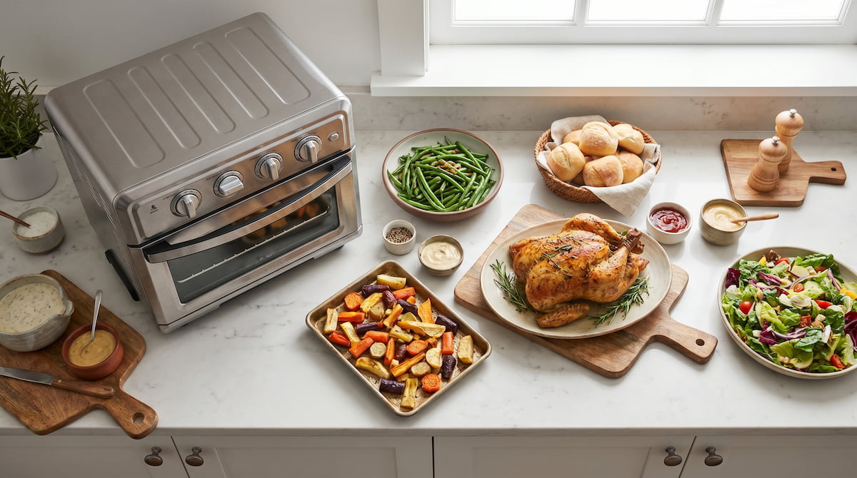 safest air fryer family of 5 dinner spread large capacity pfas free flatlay