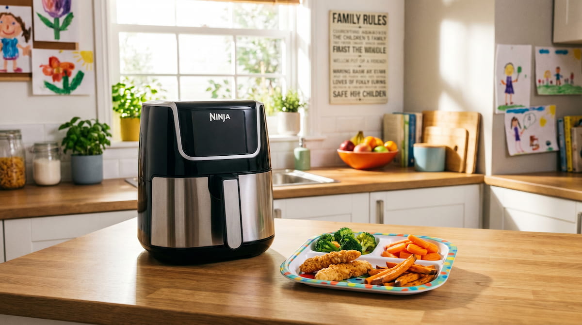 compact non toxic air fryer picky eating kids plate chicken vegetables safe