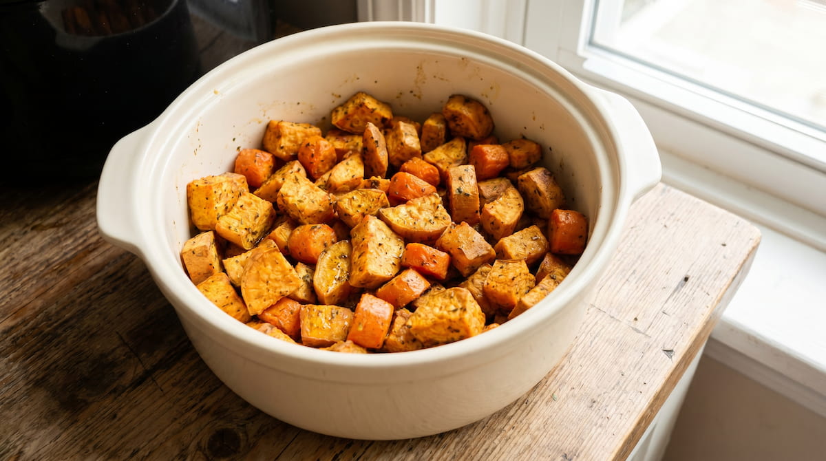 safest air fryer toddler food sweet potato carrot ceramic basket