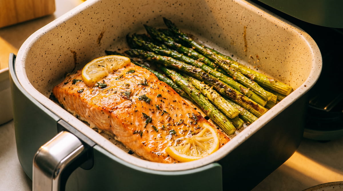 salmon and asparagus in ceramic air fryer basket heart healthy cooking