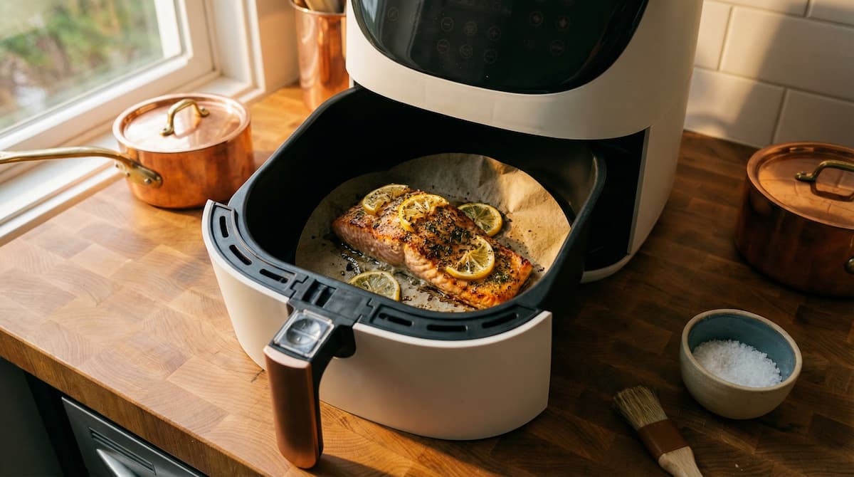 Salmon fillet cooking on a parchment paper liner inside an air fryer basket — parchment prevents sticking for delicate proteins