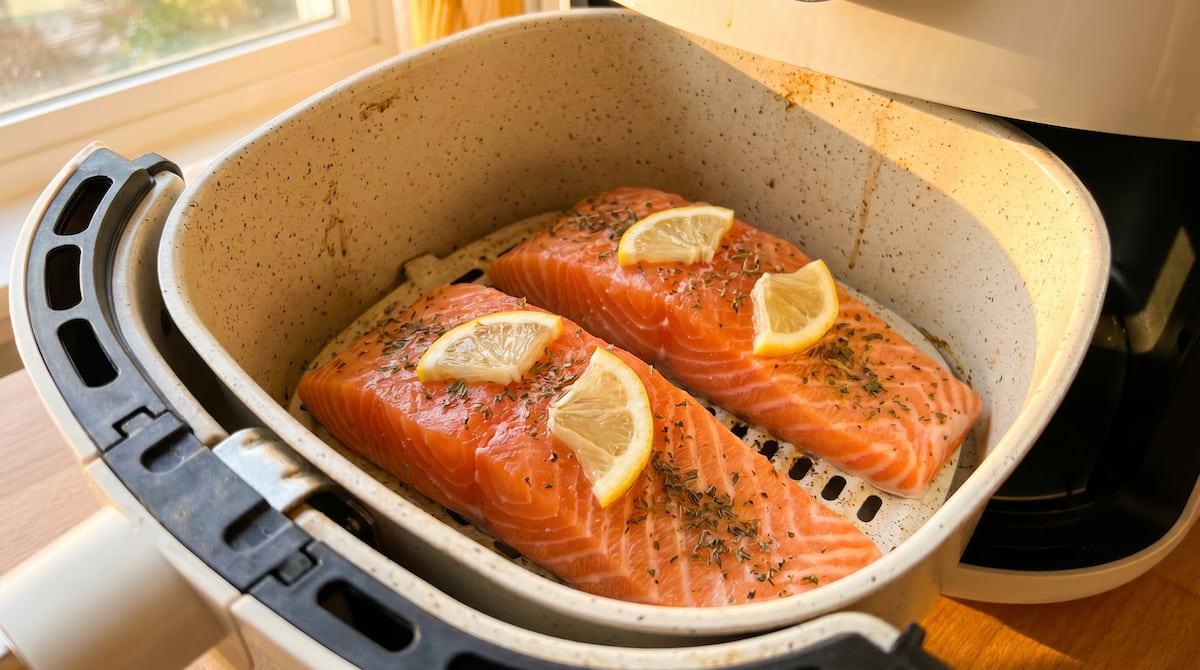 salmon fillets in ceramic air fryer basket safe cooking no pfas