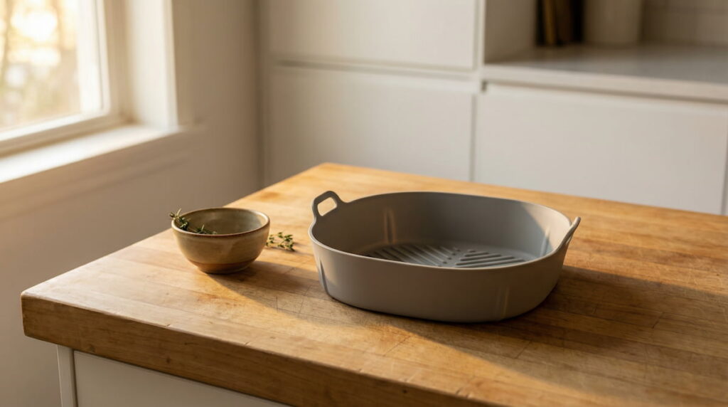 Silicone air fryer liner on a wooden kitchen counter — are air fryer silicone liners safe for everyday cooking?