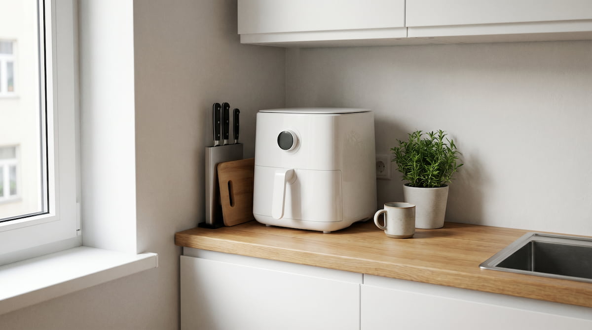 small air fryer fitting neatly on apartment kitchen counter with limited space