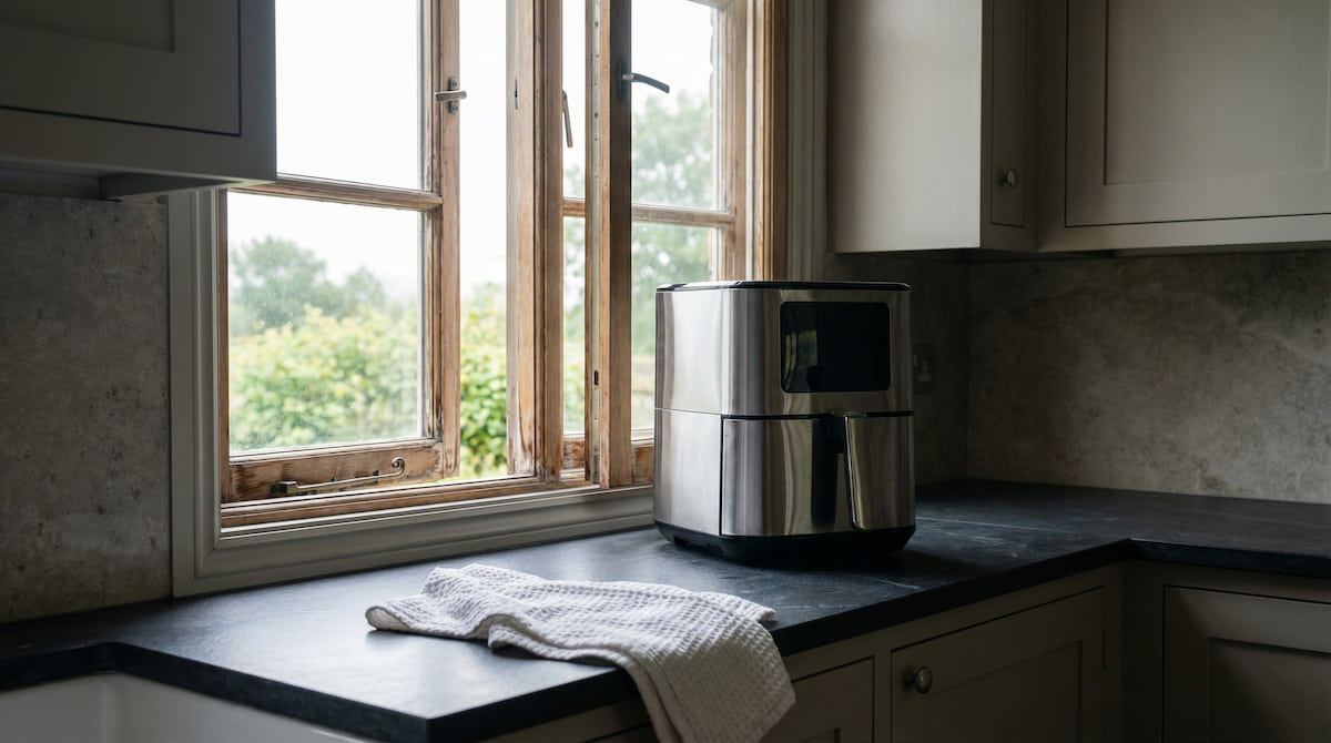 Kitchen window open above an air fryer on a dark countertop, illustrating the importance of ventilation when cooking in a small kitchen