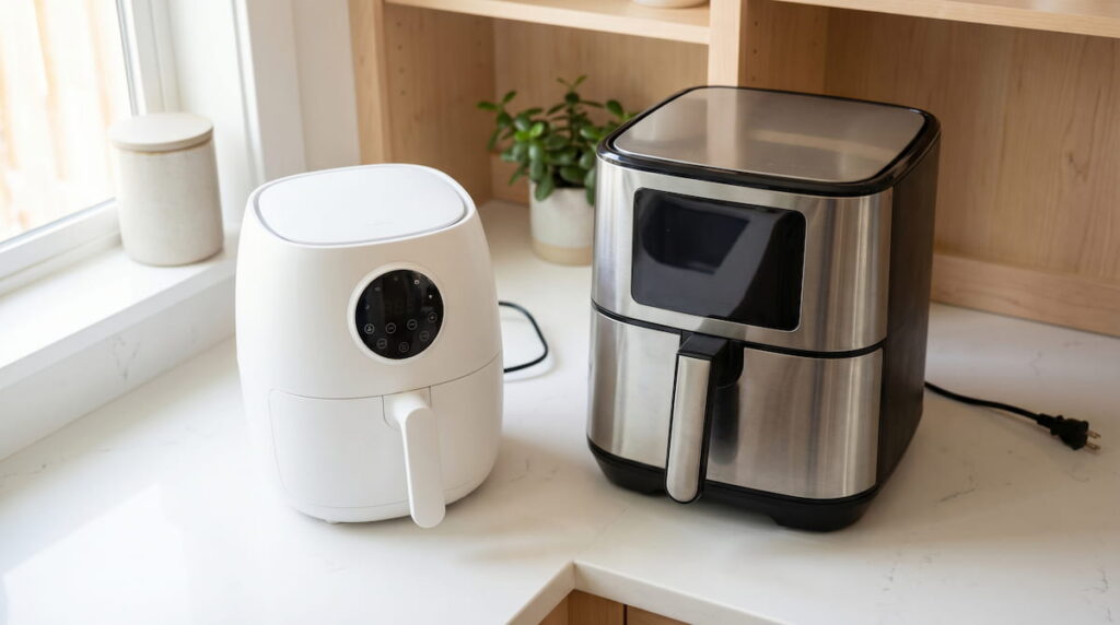 small vs large air fryer side by side comparison on kitchen counter