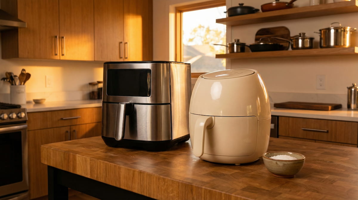 stainless steel and ceramic basket air fryers side by side on wooden butcher block with warm kitchen light
