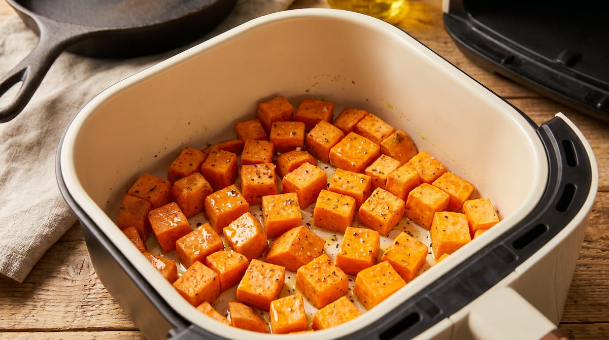 sweet potato cubes in ceramic air fryer basket safe no acrylamide