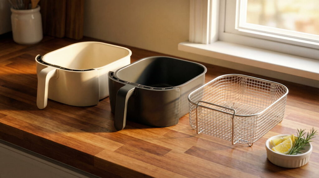 three air fryer baskets showing ceramic coating, PTFE nonstick, and stainless steel materials on wooden counter