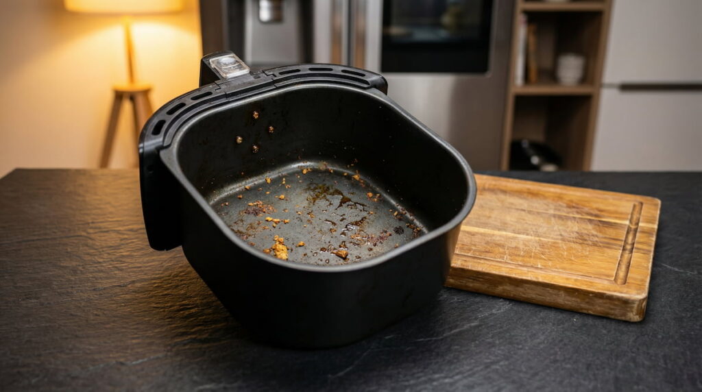 Dirty air fryer basket with grease residue on a dark kitchen surface — what happens if you don't clean your air fryer regularly