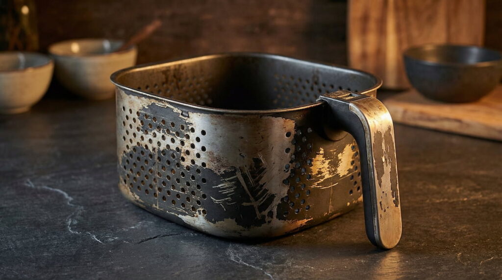 Scratched nonstick air fryer basket showing coating wear on a dark slate kitchen surface