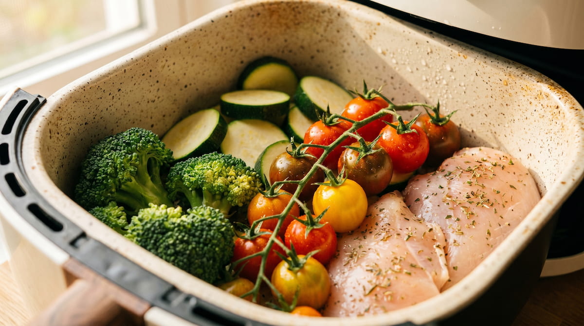 whole foods in ceramic air fryer basket for clean eating no pfas