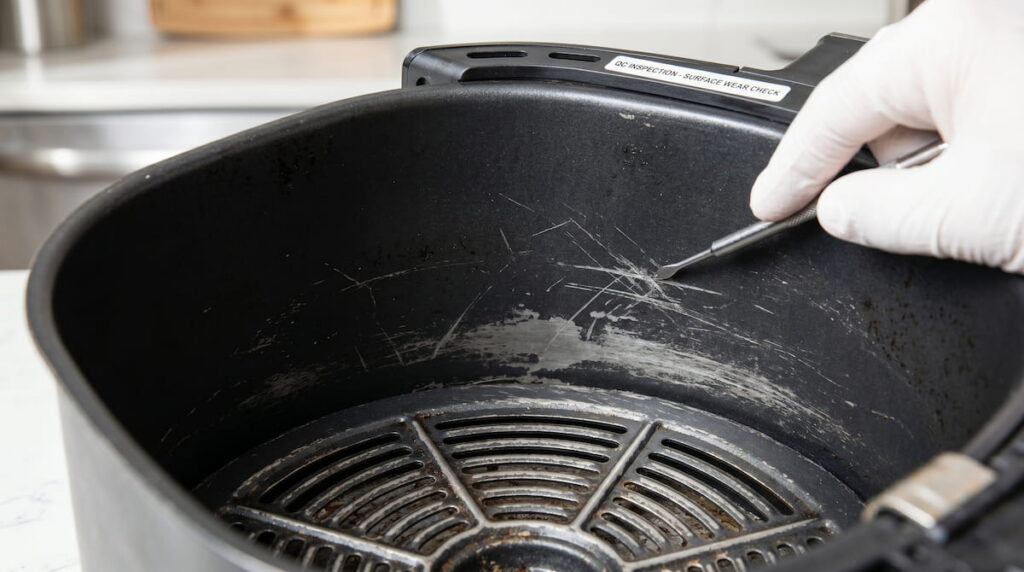 Rough air fryer basket coating showing signs of wear
